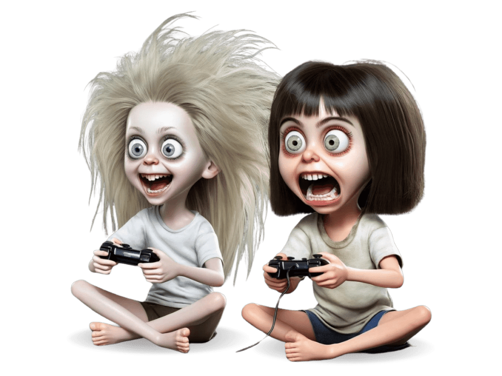 Funny image of two little girls screaming in fear while playing Playstation