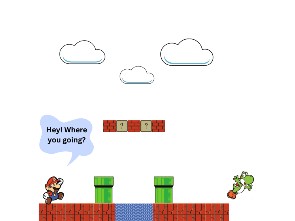 Yoshi running away from Mario. Mario has a chat bubble that says "Hey! Where you going?"